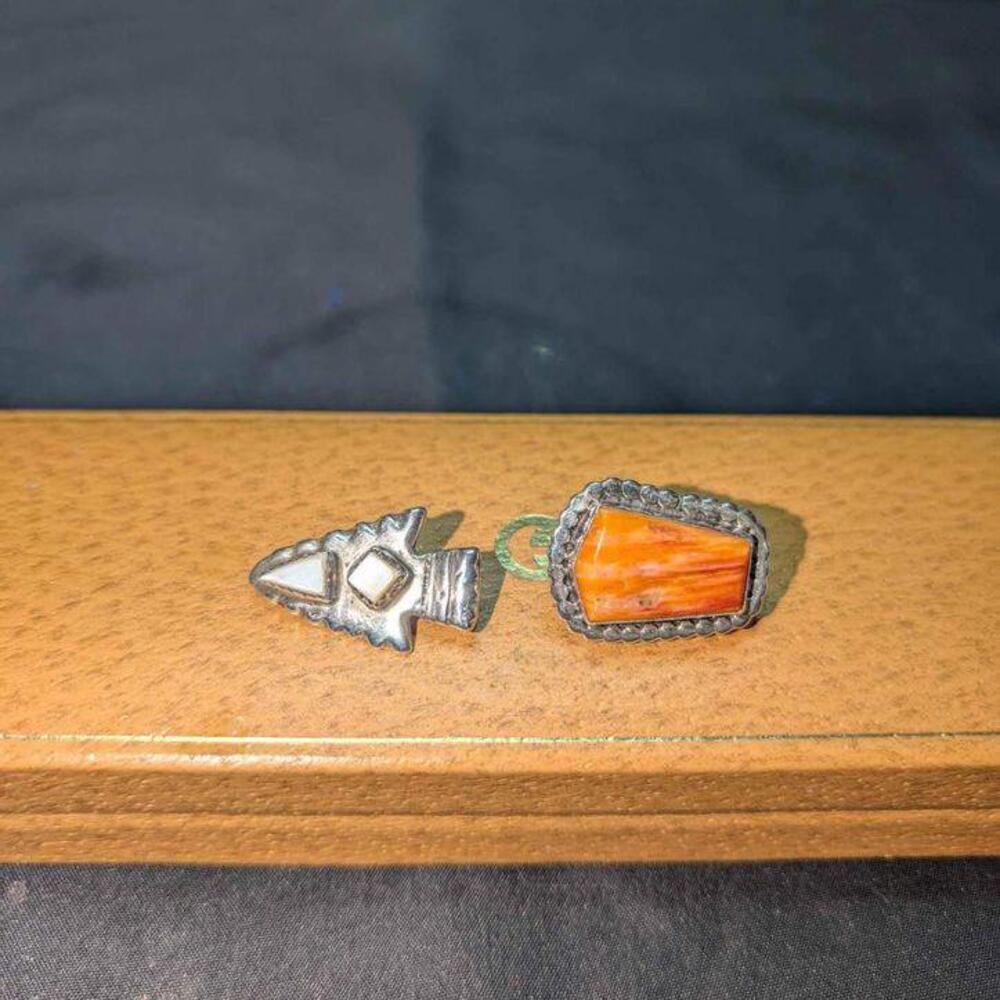 2) Navajo Brioche Orange Spiny Oyster Shell Native American Silver MOP Arrowhead